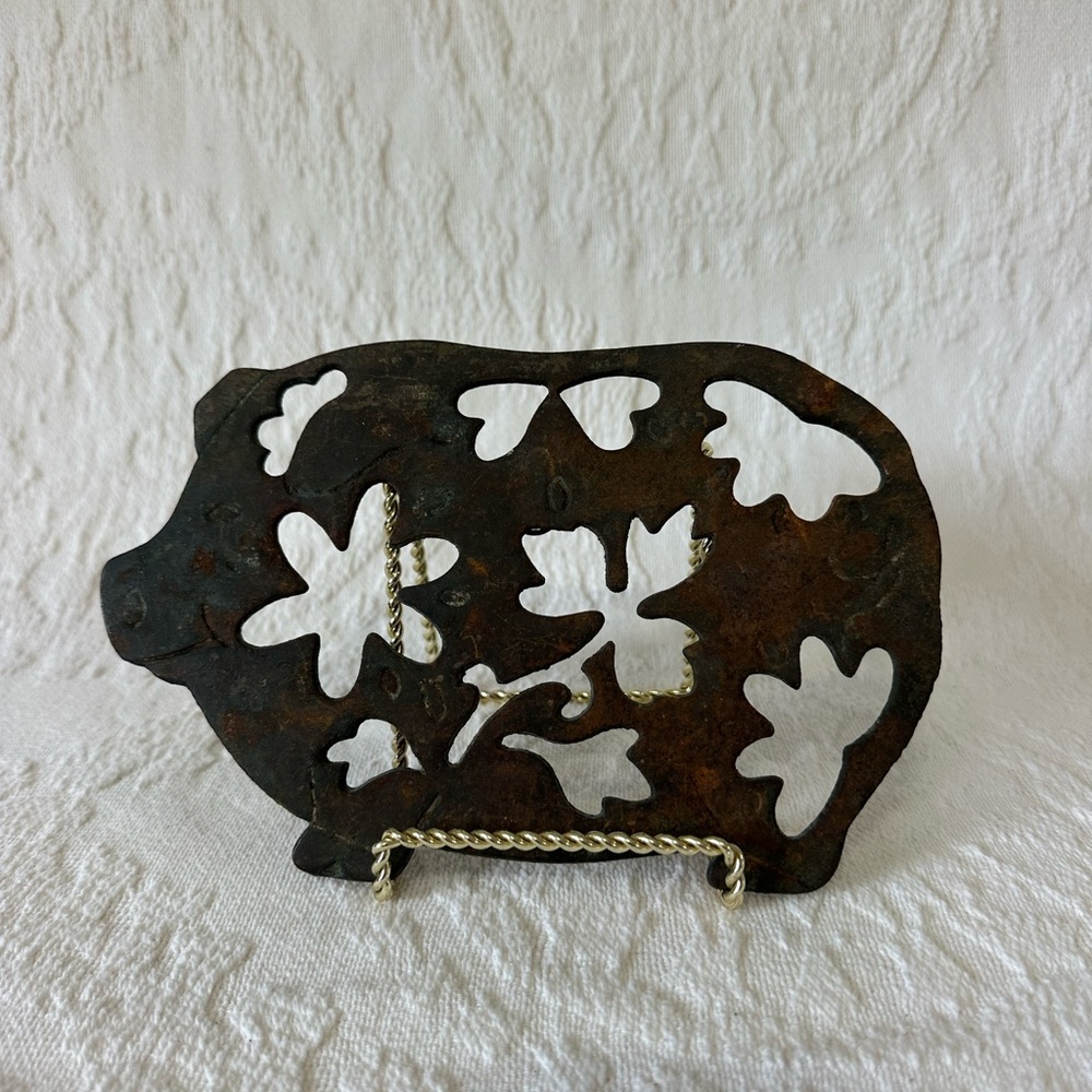 VTG Rustic Cast Iron Pig Silhouette Pot Trivet Decor